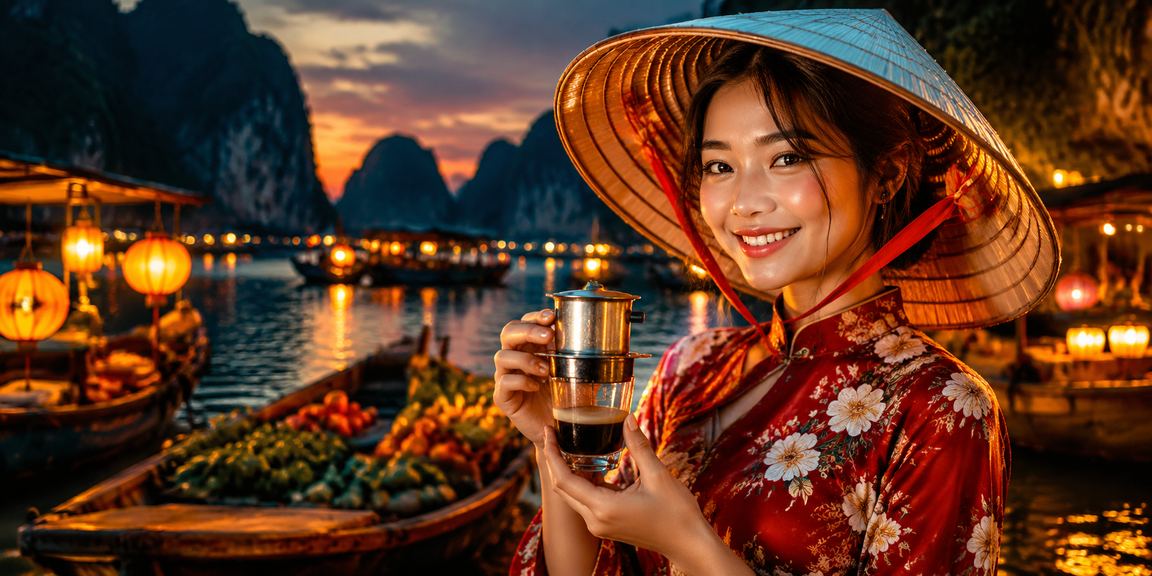 Phụ nữ Việt Nam đội nón lá thưởng thức trải nghiệm cá cược trực tuyến ven vịnh Hạ Long